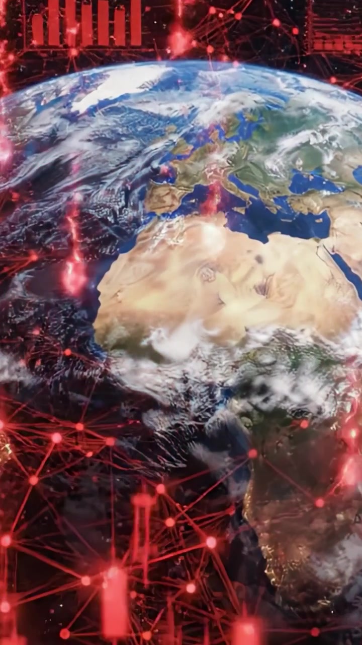 Una straordinaria visualizzazione della Terra circondata da flussi di dati e sovrapposizioni grafiche che rappresentano le tendenze globali in tecnologia e analisi.