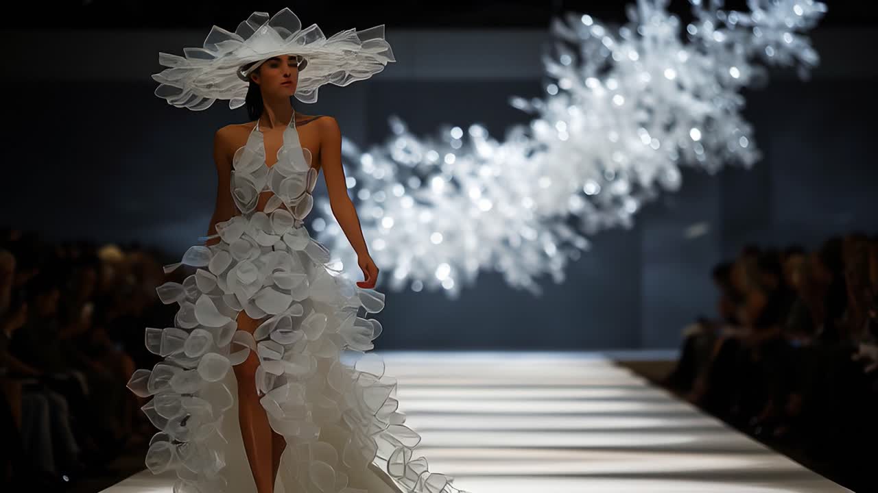 Stunning Model Showcases Avant-Garde Fashion Design with Ethereal Floral-Inspired Dress and Dramatic Hat, Capturing the Essence of Modern Couture on the Runway