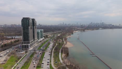 high rise residential complex of mirabella condominiums - east tower in lake shore blvd in toronto, ontario, canada. aerial drone shot