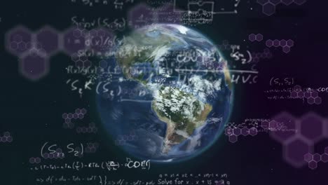 Animation-of-scientific-formulae-hand-written,-globe-spinning,-coronavirus-Covid-19-spreading