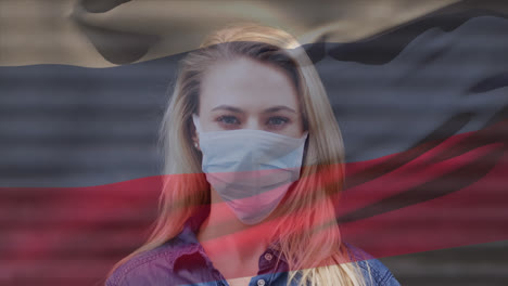 Animation-of-flag-of-russia-waving-over-woman-wearing-face-mask-during-covid-19-pandemic