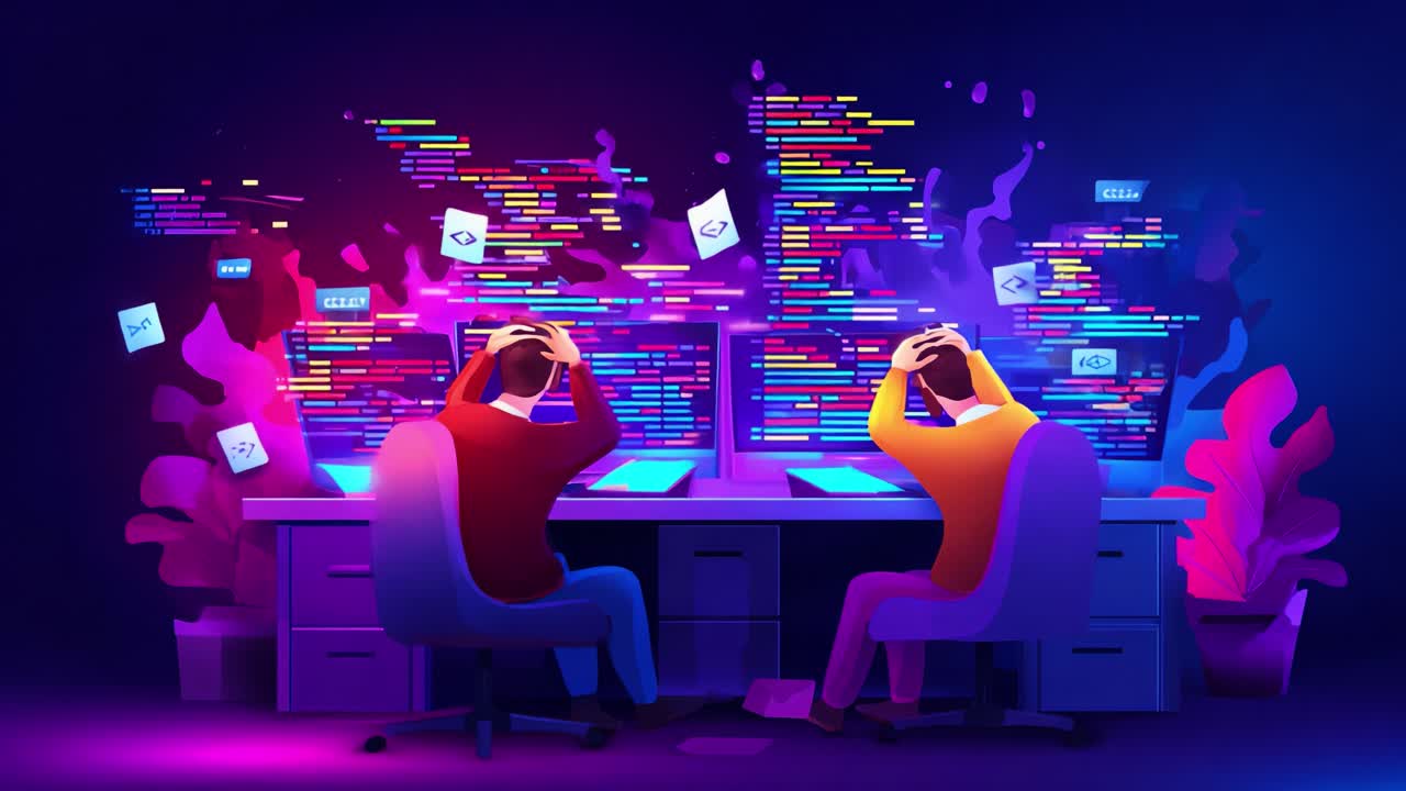 Amidst a whirlwind of colorful code and digital chaos, two programmers experience frustration and overwhelm as they face programming challenges at their desks under a vibrant glow