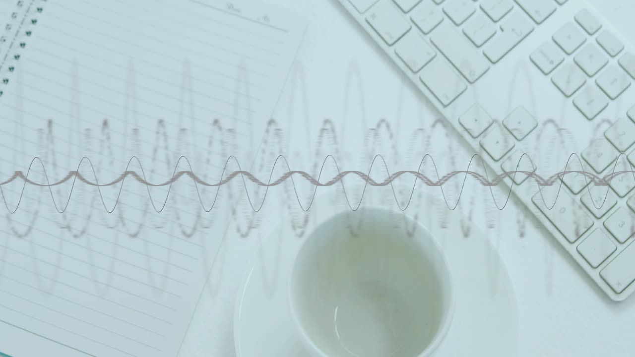 Opening shot starting waveform oscillating over cup and keyboard illustrating audio analysis