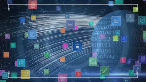 Animation-Von-über-Dem-Globus-Schwebenden-Symbolen-Mit-Binärcode-Und-Lichtern