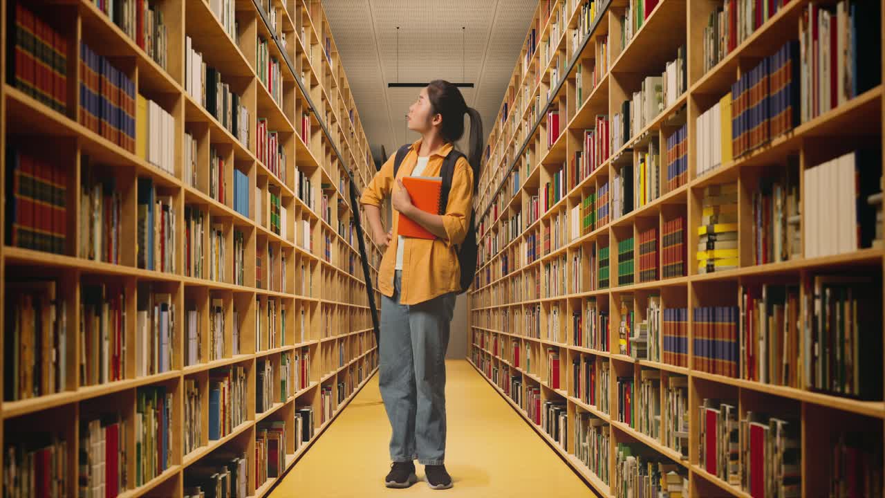 cuerpo lleno de estudiante mujer asiática con una mochila y un libro de pie con un brazo akimbo y mirando a su alrededor en la biblioteca
