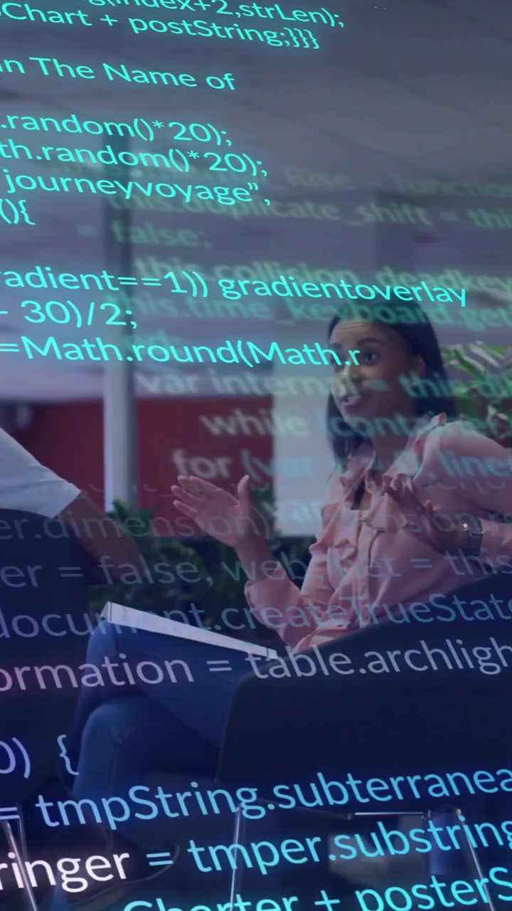 Animation of financial data processing over diverse business people in office
