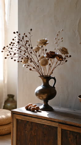 Elegant Dried Floral Arrangement in Bronze Vase with Walnuts on Wooden Cabinet