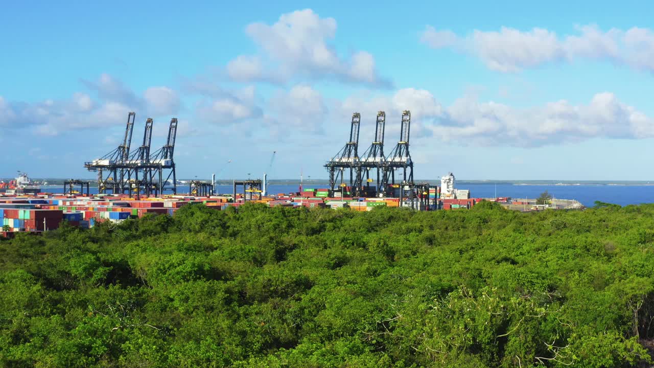 Aerial approach of Caucedo port and containers. Dominican Republic