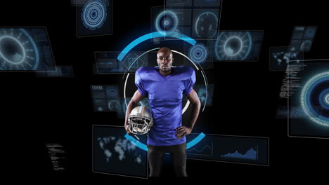 animation of african american male rugby player over scope scanning on black background