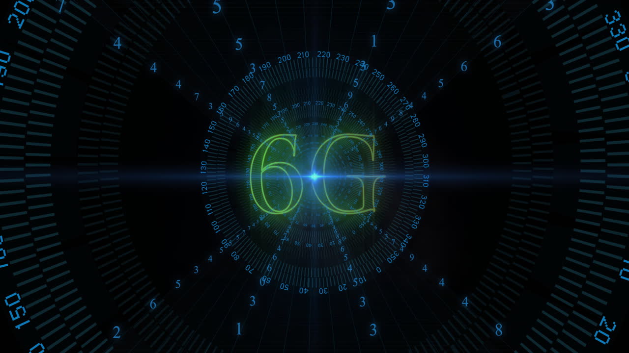 animación de texto 6g, procesamiento de datos y alcance sobre fondo oscuro