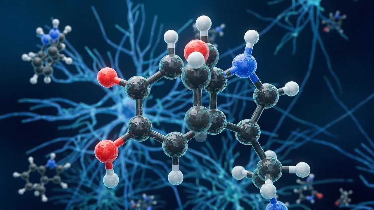 Animazione della struttura molecolare con sfere e legami che rappresentano composti chimici