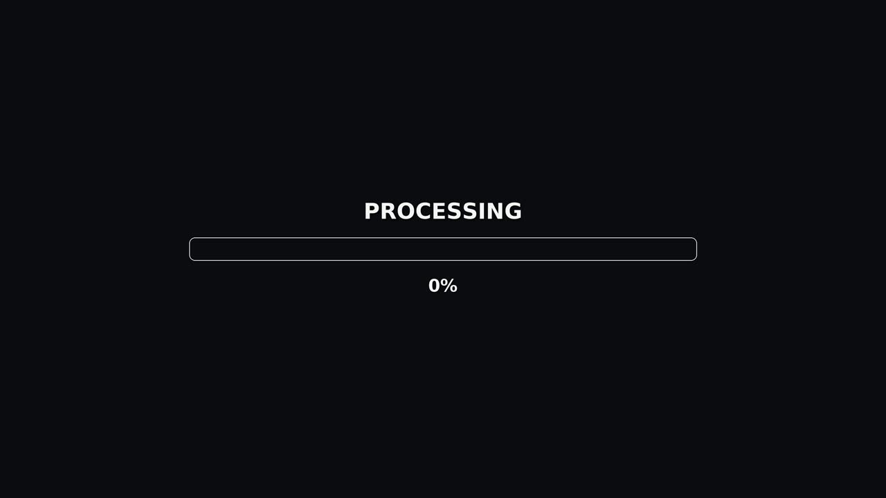 A progress bar on a dark background. It indicates processing with colorful changes and displays the completion percentage as 100