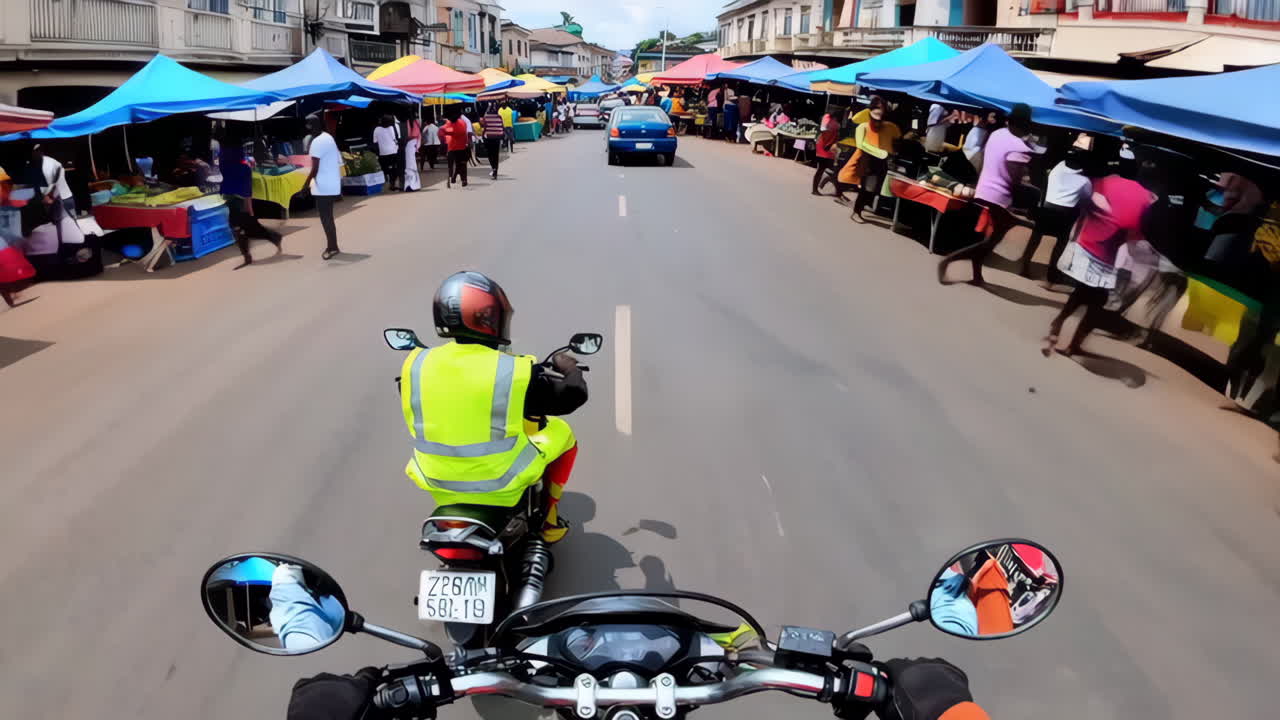 Motorcycle Ride Through a Busy African Market