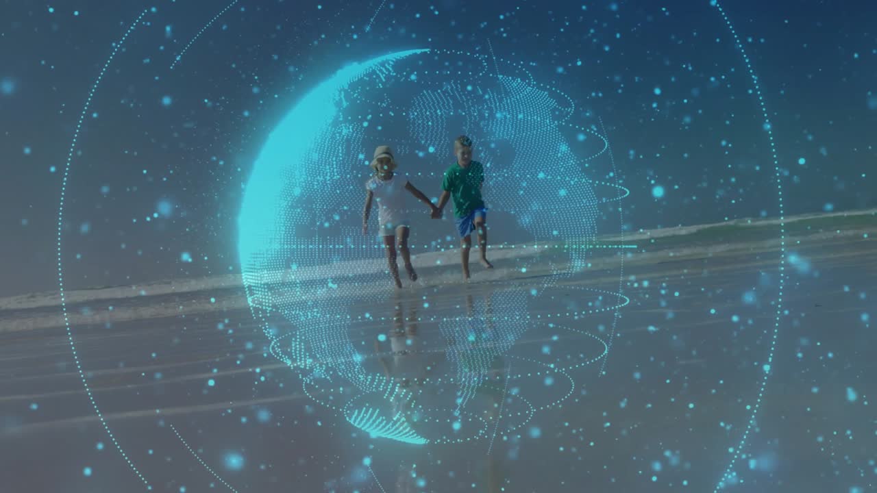 Two kids hand-in-hand running on wet sand, holo globe appearing, encircling pair, dots adding tech