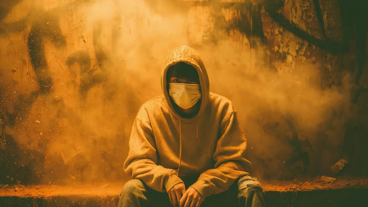 Una figura solitaria, avvolta nell'ombra e nel mistero, indossa una maschera, circondata da una foschia eterea, evocando sentimenti di isolamento, determinazione e resilienza in mezzo al caos.