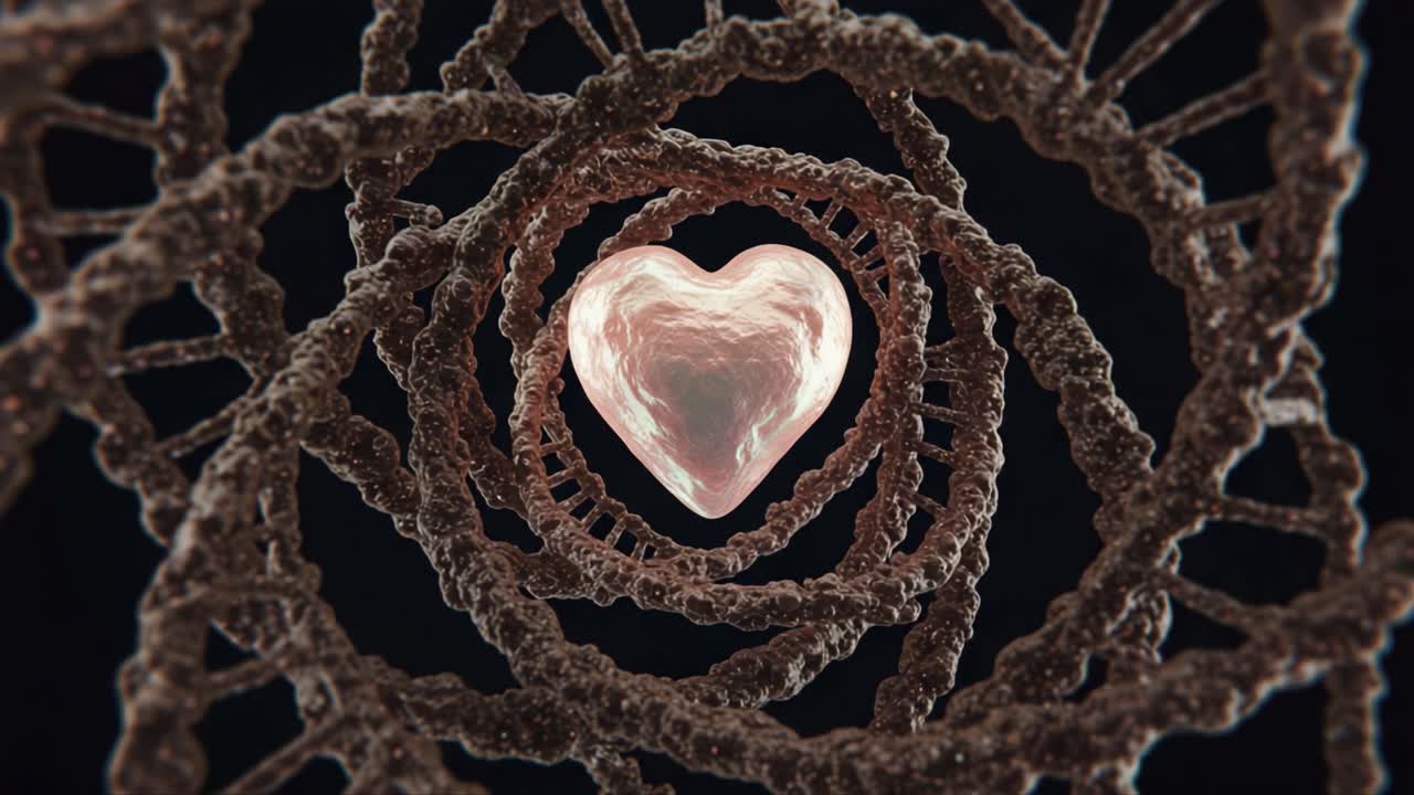 An Intricate Spiral of DNA Surrounds a Glowing Heart Emblem, Representing the Beautiful Connection Between Genetics and Emotion in a Captivating Visual Journey