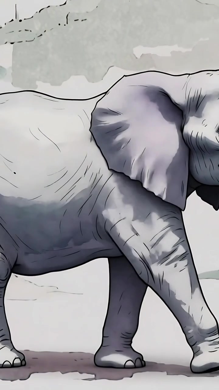 Vertikal video: Klipp som viser en tatovert elefant som går på en lys bakgrunn for å vise bevegelse med steiner.