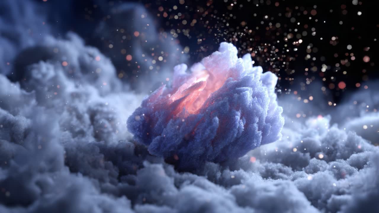 A mesmerizing view of an ethereal cloud formation brilliantly illuminated with mystical colors, showcasing intricate textures and sparkling particles in a dreamlike atmosphere