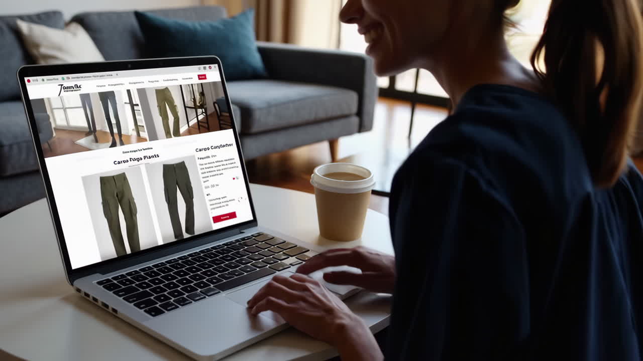 A woman shopping online for cargo pants on a laptop at home