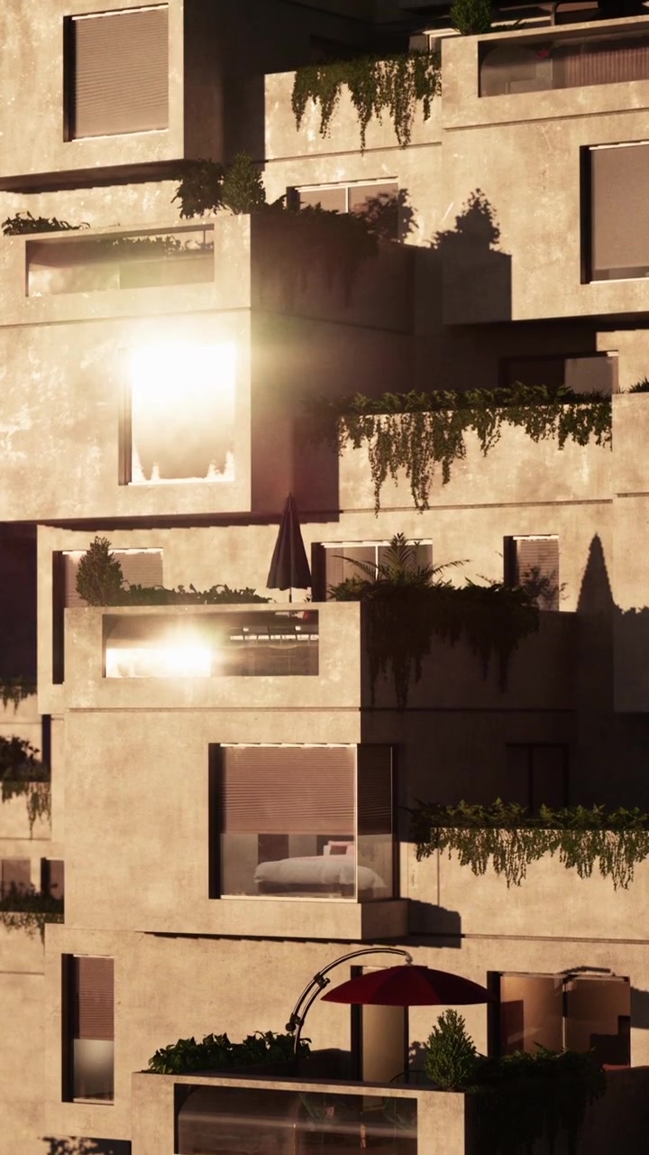 Edifícios com plantas nas varandas em ambiente urbano durante a hora dourada