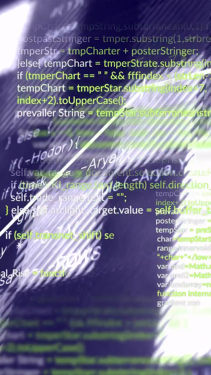 Vidéo verticale : Au chargement, du code vert et des formes apparaissent, une ligne diagonale se dessine, visualisant des graphiques.
