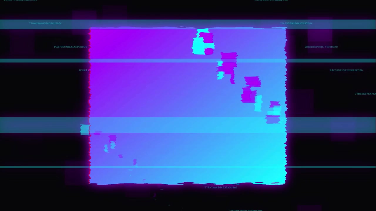Effetto glitch digitale con flussi di dati astratti e colori al neon.
