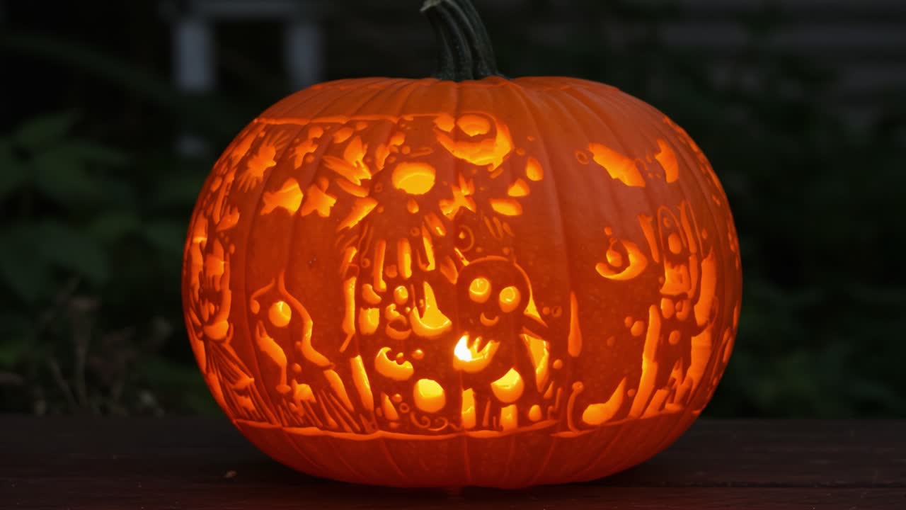 Intricate and Decorative Pumpkin Carving Illuminating Festive Characters and Scenes, Capturing the Essence of Autumn Celebrations and Halloween Spirit