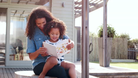 Young-black-girl-reading-book-sitting-on-mum’s-knee-outdoors