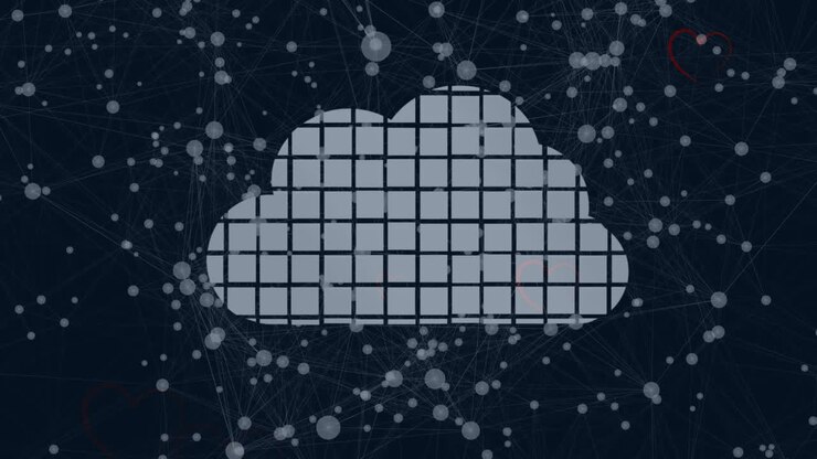 Animation of squares forming cloud icon, over spots of light, on black background