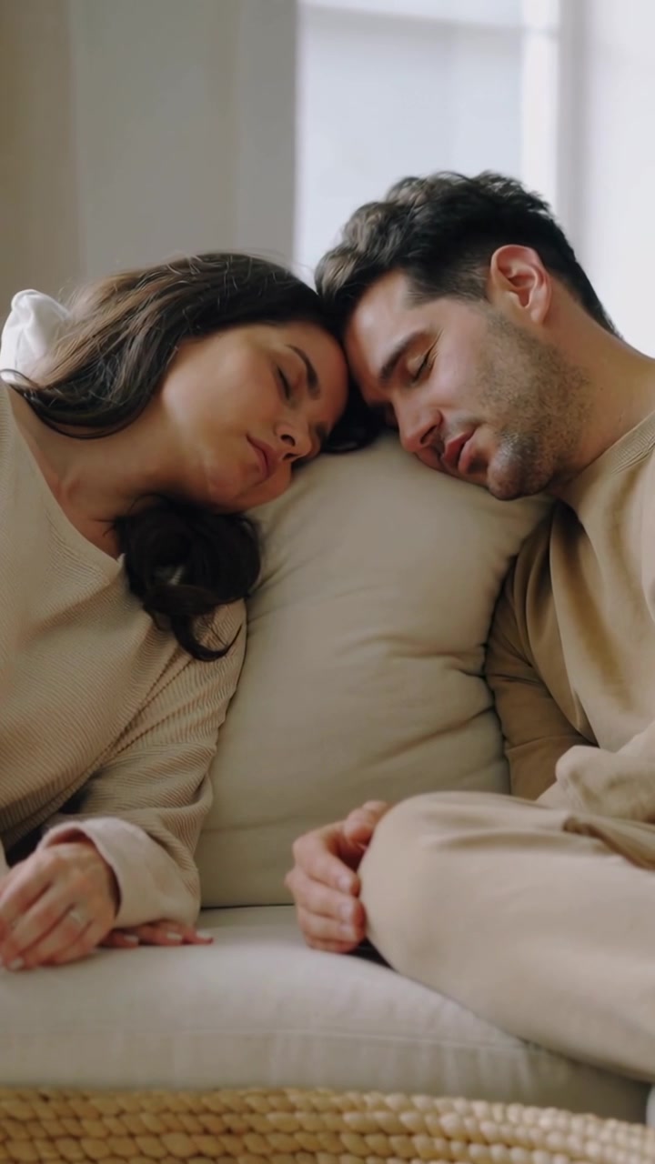 Vertical video: Settling onto sofa, couple wearing beige tones resting on sofa cushion at home