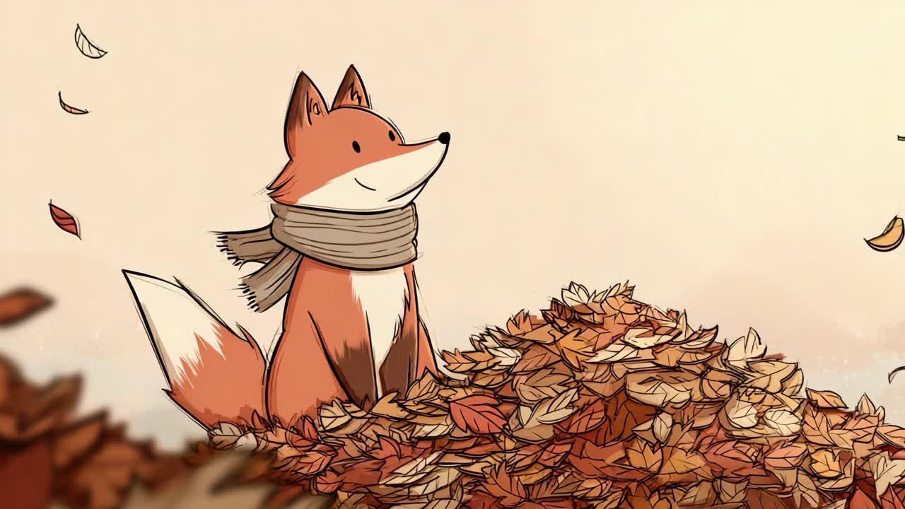 Whimsical Fox Serenely Enjoys Autumn Leaves, Captivated by the Warm Colors and Gentle Breeze in a Cozy and Playful Illustration