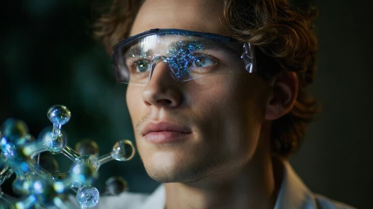 Um jovem cientista concentrado, usando óculos de proteção, examina estruturas moleculares complexas, simbolizando inovação e dedicação na área de pesquisa e descoberta científica, iluminando o futuro da tecnologia