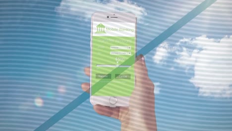 animación de la mano con el teléfono inteligente sobre las nubes.