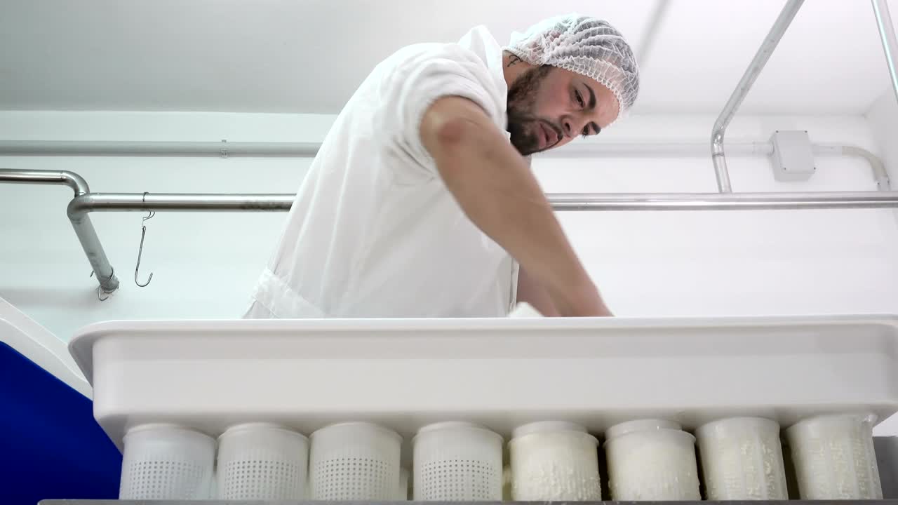 man filling cheese molds - Diary Cheese Factory