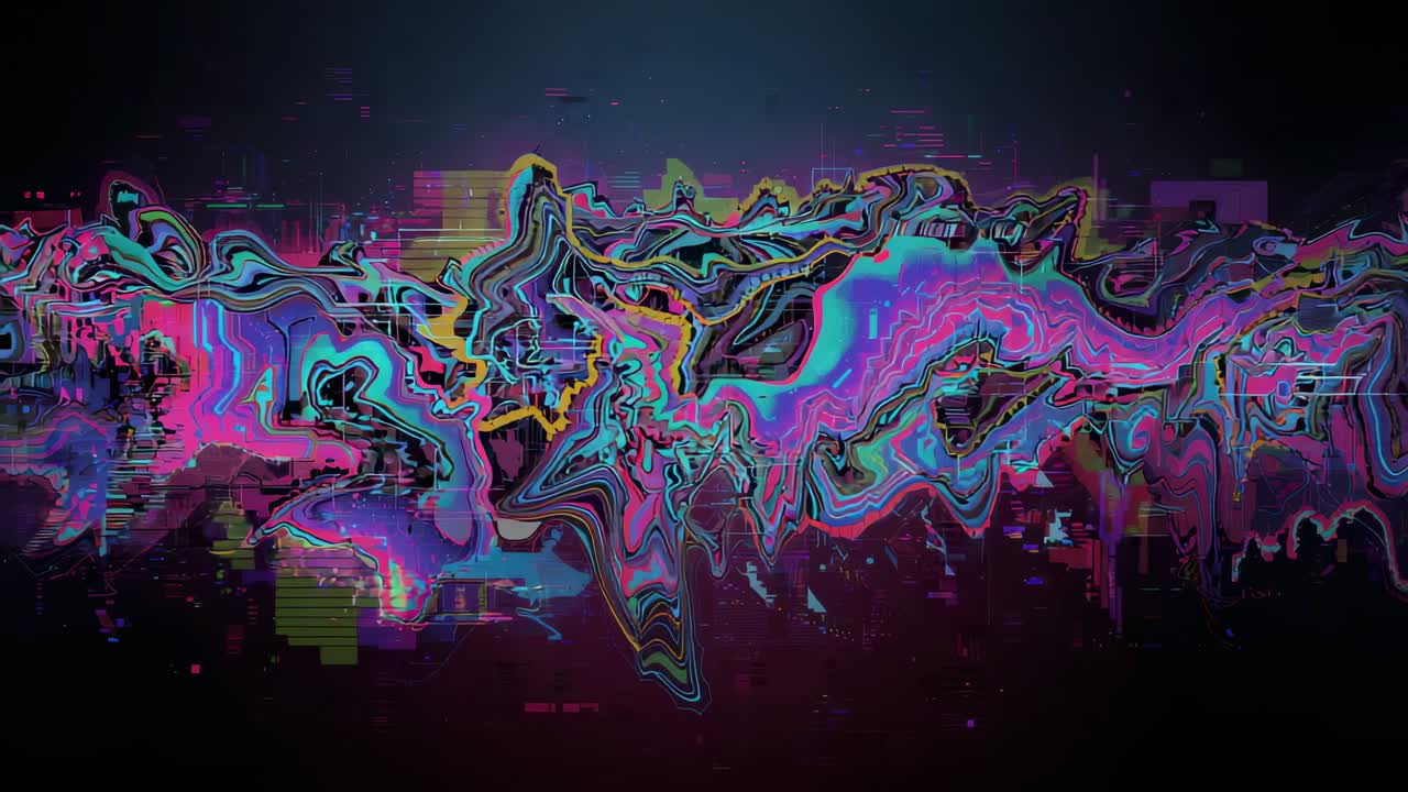 Starting with jagged neon ribbon, waveform band morphing across dark backdrop, making pixel blocks