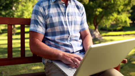 hombre sentado en un banco del parque y usando una computadora portátil