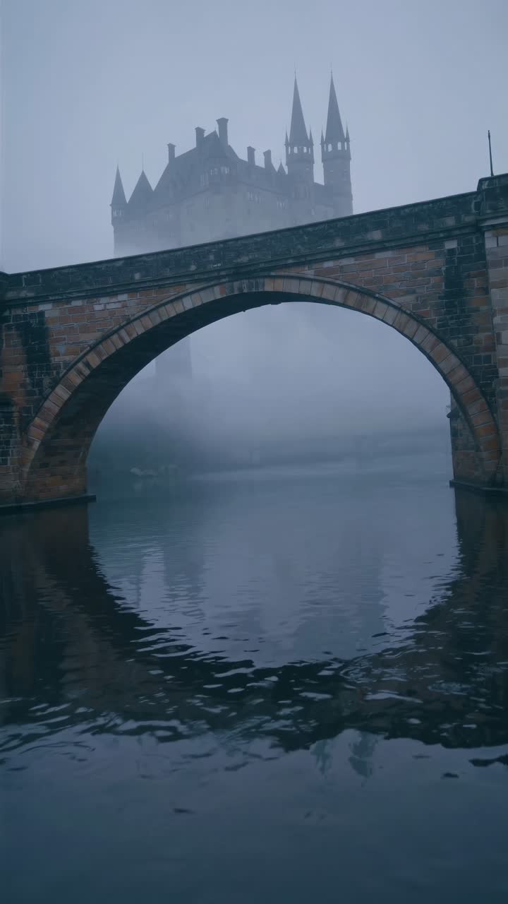 A mysterious, foggy castle looms over an arched stone bridge. Shot from a low angle, the scene