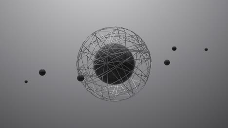 black stone spheres and metallic rings. abstract 3d animation.