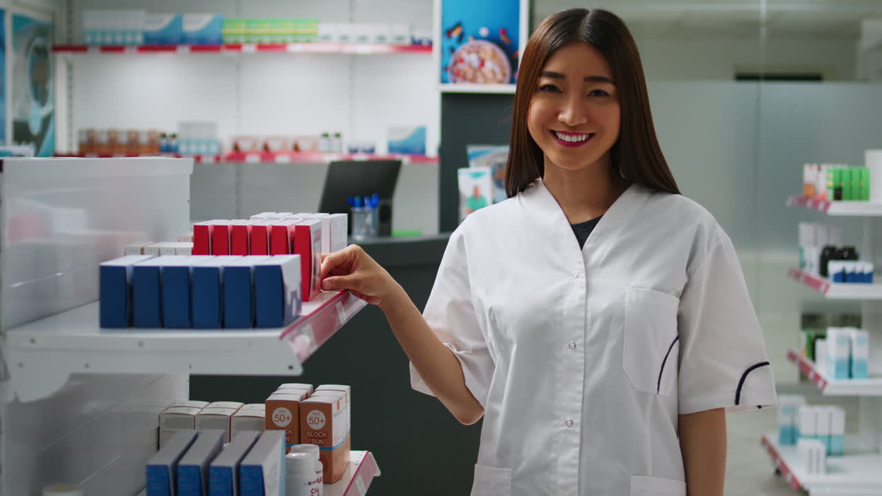 Pharmacist arranging medicine products on pharmacy shelves