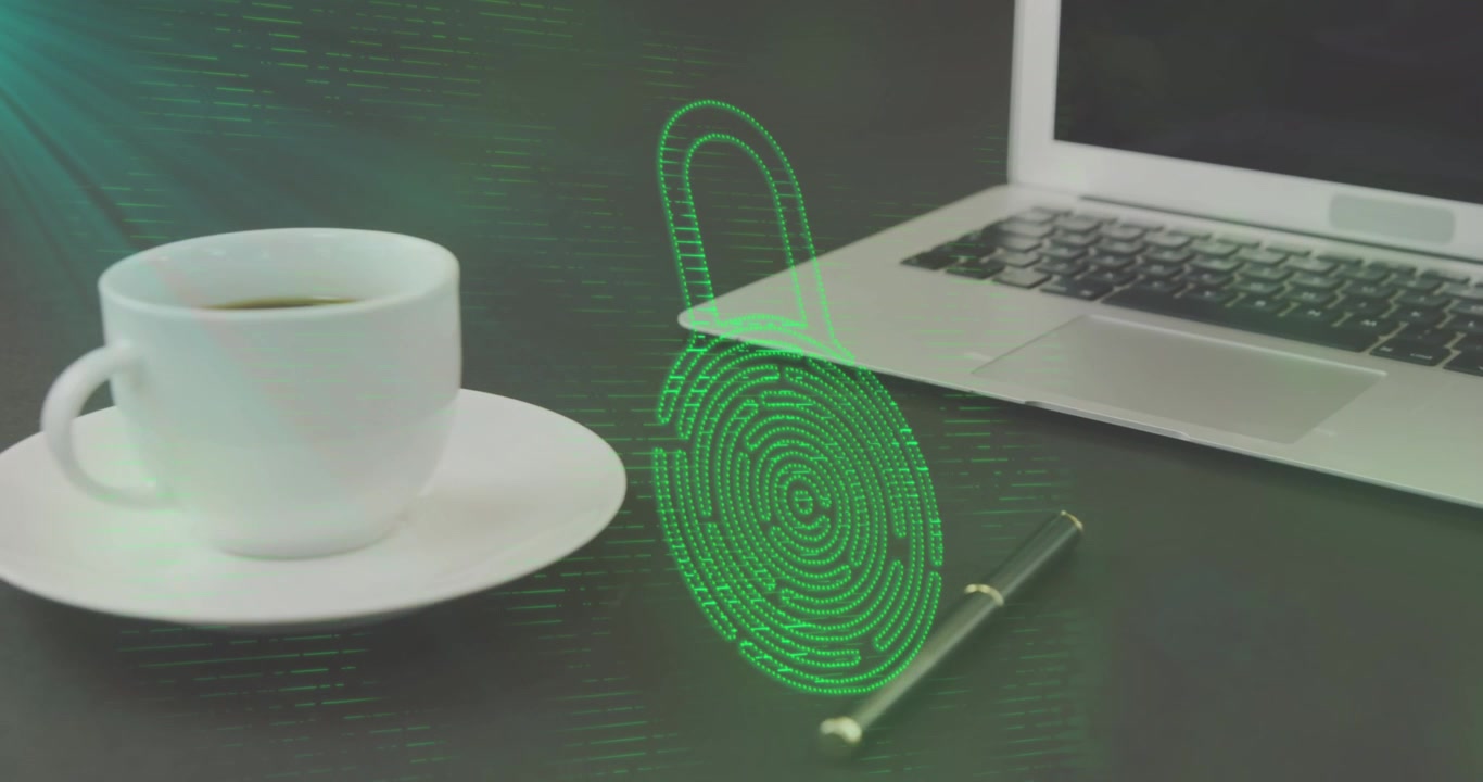 Animation of padlock icon and light trails over laptop and coffee