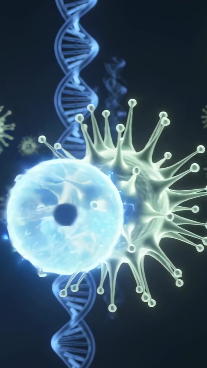 Video verticale: Visuale in movimento che mostra sfere blu che legano virioni appuntiti vicino al DNA, scintillando.