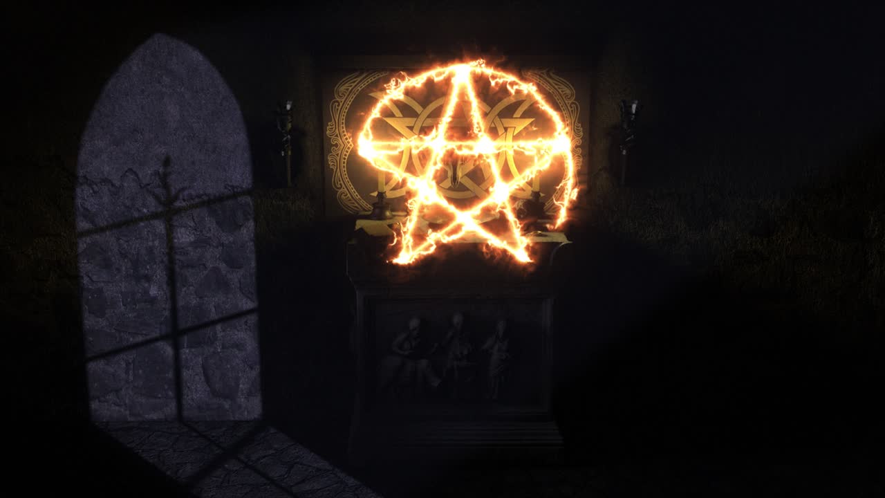 imagen cgi 3d iluminada por la luna de una escena de capilla oscura con un altar de piedra antiguo de estilo pagano satánico, con grimorio, cuenco sangrante, objetos místicos y un pentáculo de fuego que aparece mágicamente en el aire