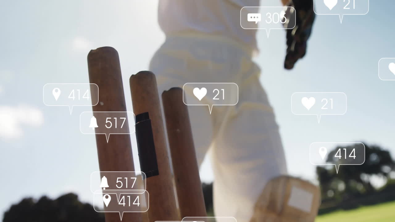 Cricket player in action with social media notifications overlay animation