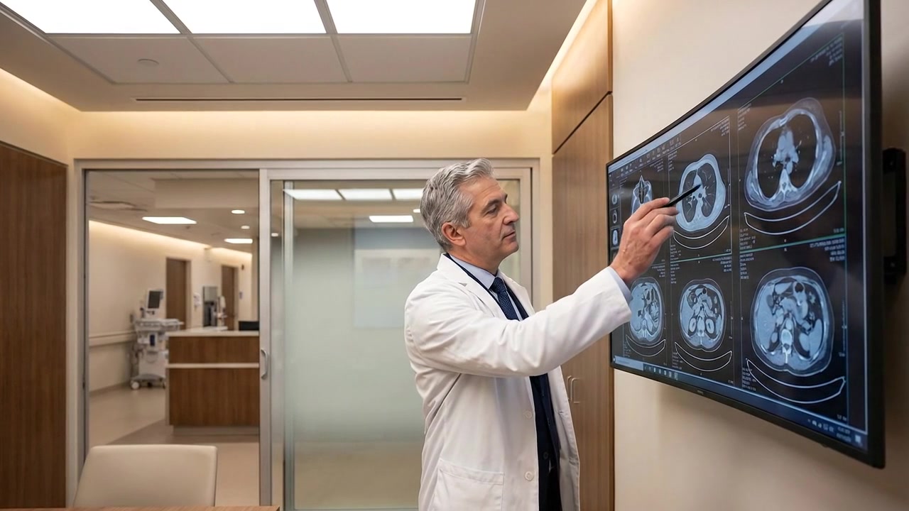 Medico in piedi vicino a schermi a raggi X in uno studio medico.