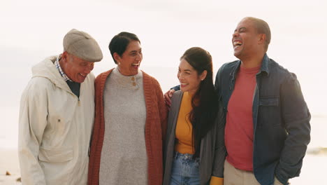 funny, couple and senior parents at beach