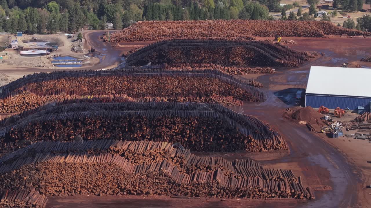 Aerial view of vast lumber yard at California sawmill, industrial setting
