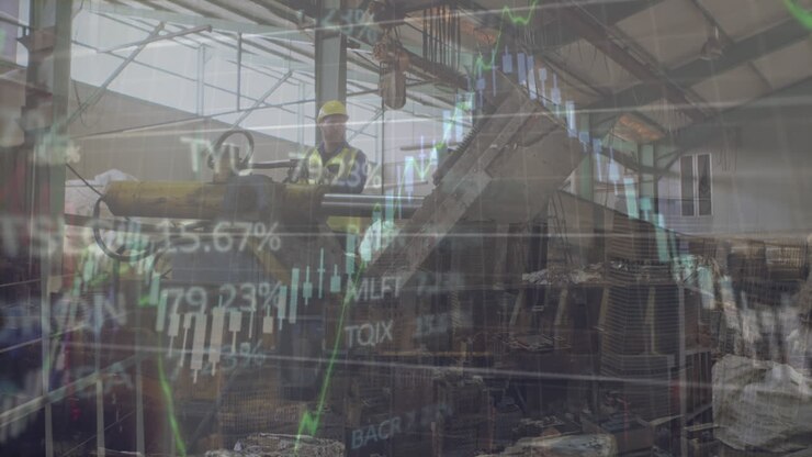 Animazione di elaborazione e statistiche di dati finanziari su un uomo che lavora in fabbrica.