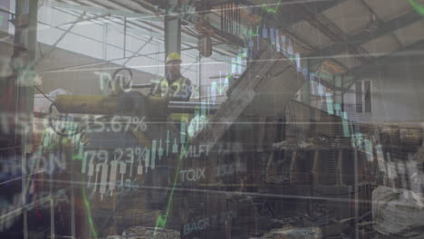 animation of financial data processing and statistics over man working in factory