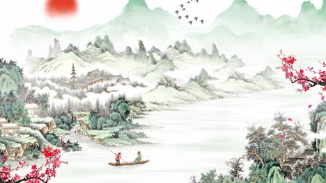 Peaceful-nature-Traditional-Chinese-style-retro-ink-landscape-plum-blossom-animation-Painting-of-beautiful-calm-trees,-mountains,-flowers,-lake,-water,-birds,-blue-sky,-boat,-cherry-blossoms-season