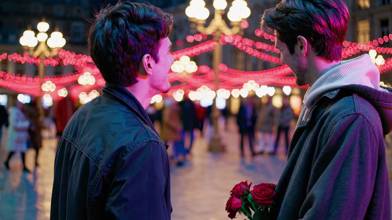 밤에 로맨틱한 데이트를 하는 두 남자